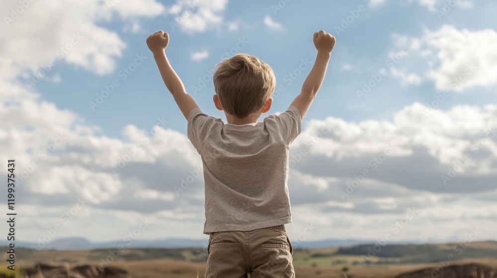 Boy with arms raised high, celebrating achievement against a scenic landscape. Boy with arms raised high, celebrating achievement against a scenic landscape.