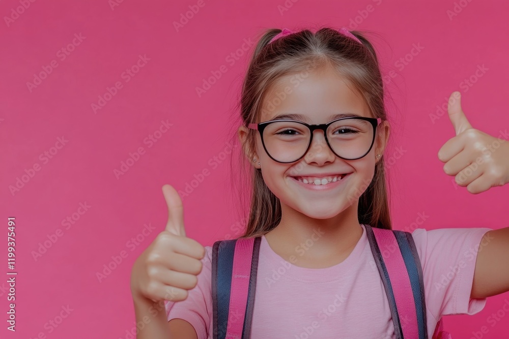 A young girl wearing glasses and a backpack is smiling brightly, giving a thumbs-up gesture. She appears happy and positive about her school experiences. A young girl wearing glasses and a backpack is smiling brightly, giving a thumbs-up gesture. She appears happy and positive about her school experiences.