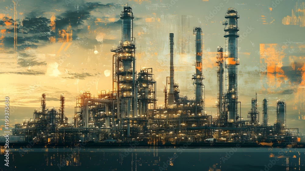 Fototapeta premium Industrial Refinery Complex at Sunset Golden Hues