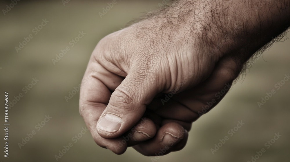 Fototapeta premium Close-up of a man's clenched fist, showing wrinkles and hair.