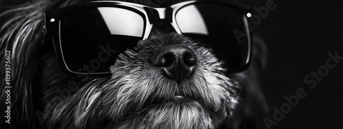 Stylish canine portrait with black sunglasses on a summer day, close-up view, featuring empty space for text against a contrasting background. photo