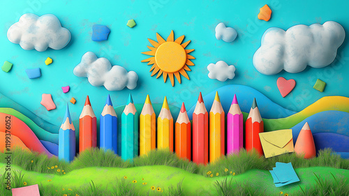 A vivid cartoon illustration about elementary education, with playful elements such as colorful pencil strokes, clouds and suns. The stage is a whimsical landscape with green hills and blue sky, decor