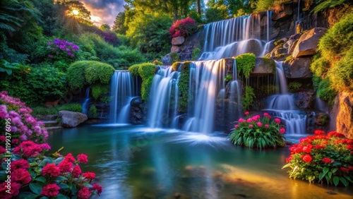 Waterfall at dusk with lush greenery and vibrant flowers in the foreground, beauty, landscape, beauty, landscape, serene, tranquil