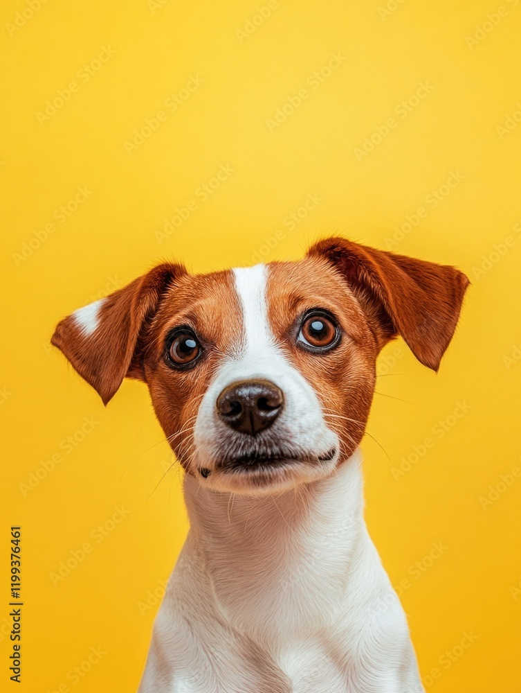 The image features a small puppy with striking eyes and expressive facial features. The dog's coat is white and brown, typical of certain breeds like the Jack Russell Terrier. The image features a small puppy with striking eyes and expressive facial features. The dog's coat is white and brown, typical of certain breeds like the Jack Russell Terrier.