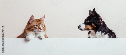 A banner ads promotion of pet shop and vets, a Bengal cat and border collie dog posed across each other isolated on white background. Cat and dog staring at each other. Leaving space for text.