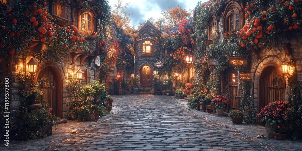 Fototapeta premium Enchanted Autumn Village Street: A Cozy Fall Evening