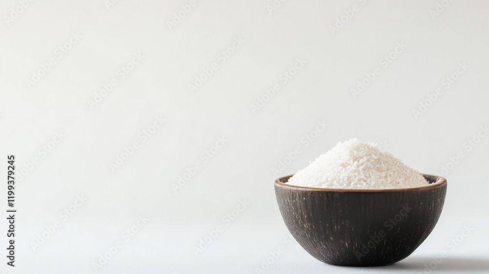 Desiccated Coconut Powder in Brown Bowl on White Background with Copy Space for Nutritional Information and Vitamins Desiccated Coconut Powder in Brown Bowl on White Background with Copy Space for Nutritional Information and Vitamins