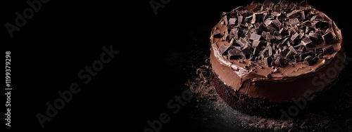 Decadent Double Chocolate Layer Cake with Rich Chocolate Shavings on Dark Textured Background with Copy Space for Food Photography photo