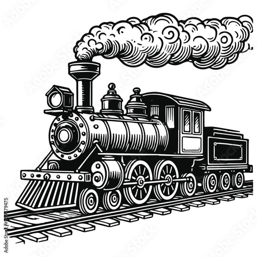 A vintage black and white illustration of a steam train on tracks.