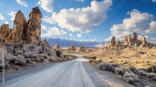 Deserted gravel road winding through arid landscape featuring dramatic rock formations under a bright blue sky with white clouds and copy space photo