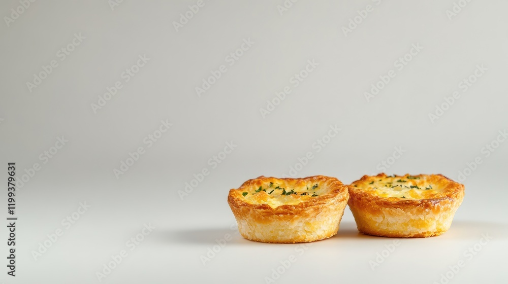 Two small cheese tarts positioned on a neutral background with ample empty space for text, captured in a close-up studio shot. Two small cheese tarts positioned on a neutral background with ample empty space for text, captured in a close-up studio shot.