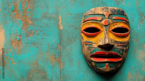 Close up of a colorful vintage wooden mask on a teal textured background with negative space for text suitable for Mardi Gras themes photo