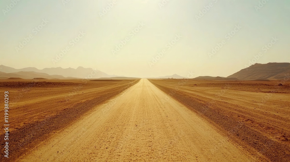 Naklejka premium Desolate dirt road extending toward distant mountains under a clear blue sky.