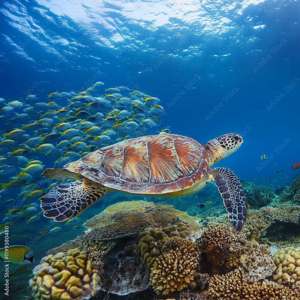 Obraz premium 美しい海の中を魚の群れと一緒に泳ぐ海亀（A sea turtle swimming with a school of fish in the beautiful ocean） 