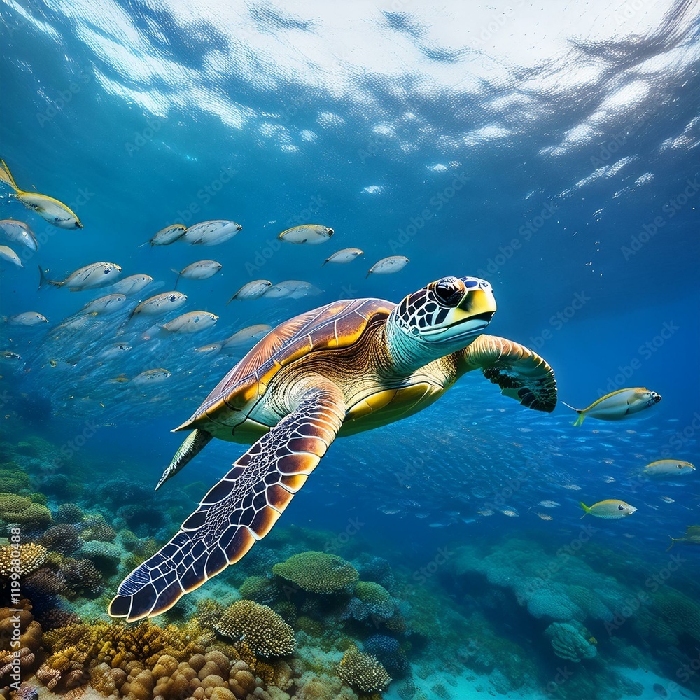 Obraz premium 美しい海の中を魚の群れと一緒に泳ぐ海亀（A sea turtle swimming with a school of fish in the beautiful ocean） 