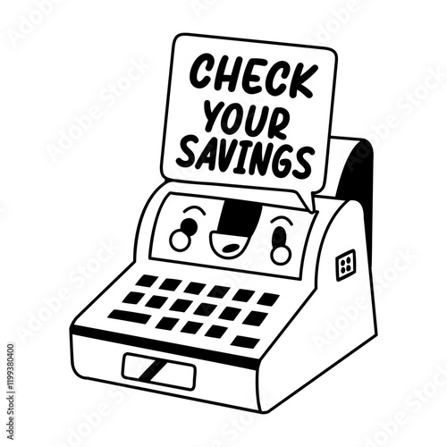 Cute till machine with text check your savings, glyph sticker 