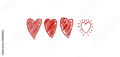 Set doodle hand drawn red hearts isolated on white background. Vector design elements for Valentine's day and wedding card.