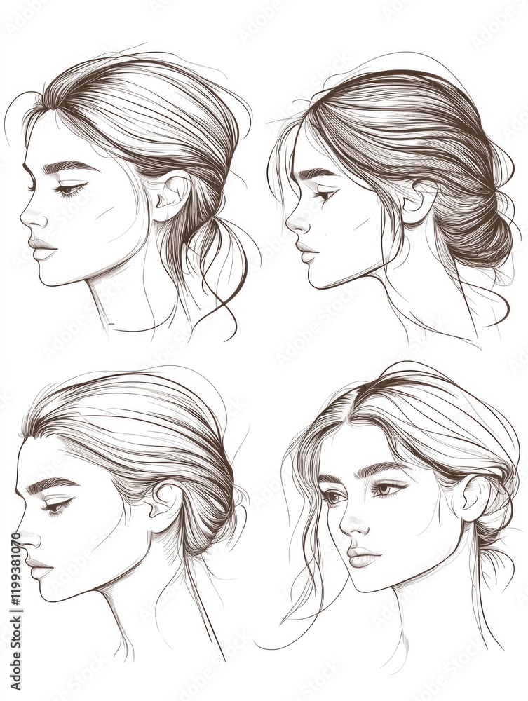 Series of four illustrations showing a woman's hair and makeup style progression. Series of four illustrations showing a woman's hair and makeup style progression.