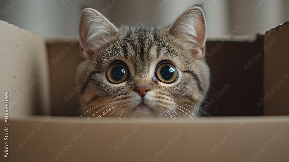 British Shorthair cat peeks from cardboard box with expressive eyes and tabby markings. Professional pet portrait captures adorable facial expression against beige neutral background. British Shorthair cat peeks from cardboard box with expressive eyes and tabby markings. Professional pet portrait captures adorable facial expression against beige neutral background.