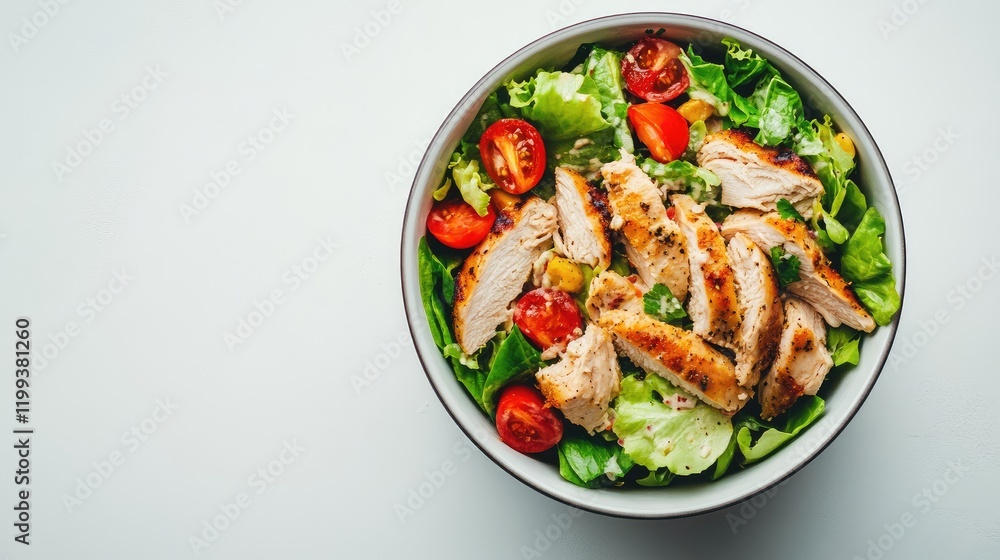 Classic Caesar Salad Bowl with Grilled Chicken, Cherry Tomatoes, and Romaine Lettuce on Light Background, Close-Up Top View with Empty Space. Classic Caesar Salad Bowl with Grilled Chicken, Cherry Tomatoes, and Romaine Lettuce on Light Background, Close-Up Top View with Empty Space.