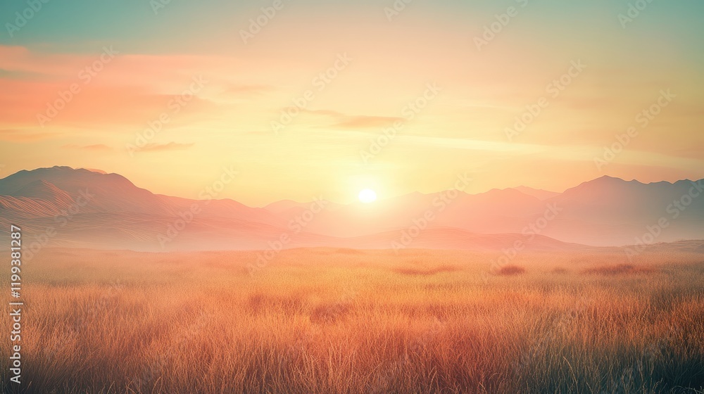 Colorful Desert Sunrise Over Mountains with Soft Grasslands and Space for Text Below