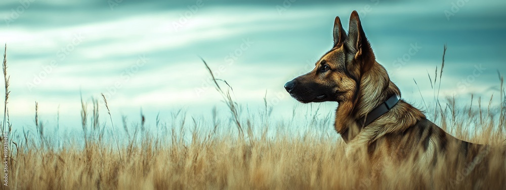 Dog Training for Drug Detection in Open Field with Brown Grass and Blue Sky, Canine Profile Against Nature, Space for Text on Left Dog Training for Drug Detection in Open Field with Brown Grass and Blue Sky, Canine Profile Against Nature, Space for Text on Left