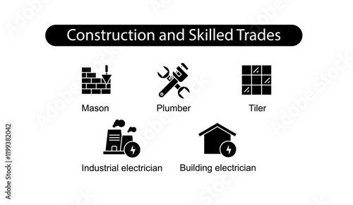 Construction, skilled trades, building electrician, tiler, plumber, industrial electrician, mason, craftsmanship, construction work, industry icons.