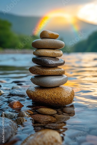 Stacked stones, rainbow, calm water, serene scene.