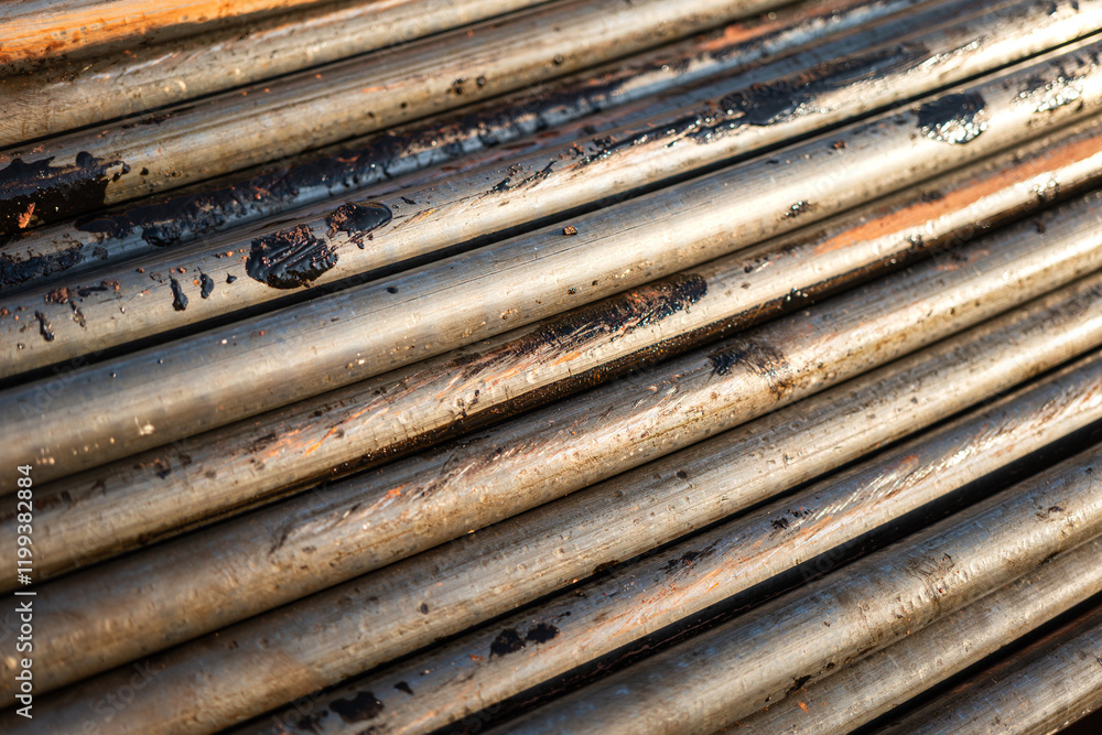 Stack of pipeline of tubing pipe in dirty condition that used in the oil production industrial. Close-up and selective at the object. Stack of pipeline of tubing pipe in dirty condition that used in the oil production industrial. Close-up and selective at the object.