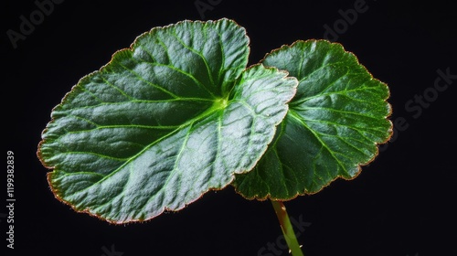 Closeup view of vibrant green begonia leaves against a solid black background highlighting intricate leaf details with ample space for text photo