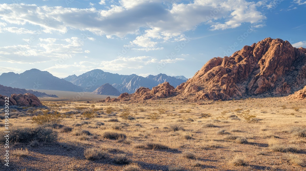 Naklejka premium Desert Terrain Featuring Rocks and Mountains with Clear Area for Text Space