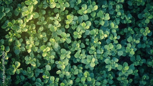 Green foliage background with soft lighting highlighting the edges of small leaves