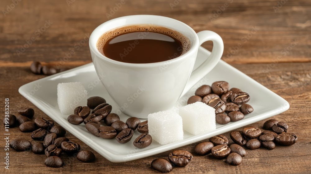 Elegant white coffee cup filled with rich dark coffee served on a cream plate surrounded by fresh roasted coffee beans and sugar cubes on a rustic wooden table Elegant white coffee cup filled with rich dark coffee served on a cream plate surrounded by fresh roasted coffee beans and sugar cubes on a rustic wooden table