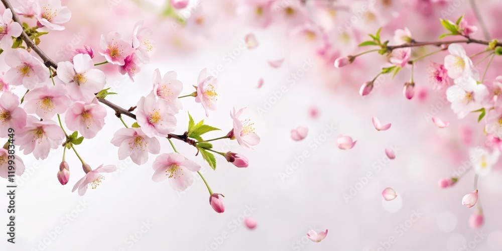 Soft pink sakura petals falling gently from a blooming tree branch against a serene white background, pink sakura petals falling, gentle fall Soft pink sakura petals falling gently from a blooming tree branch against a serene white background, pink sakura petals falling, gentle fall
