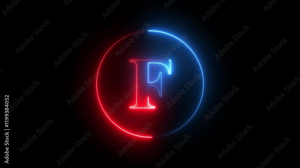 neon light glowing F icon. circle symbol glowing neon light 4k animation on black background. neon light glowing F icon. circle symbol glowing neon light 4k animation on black background.