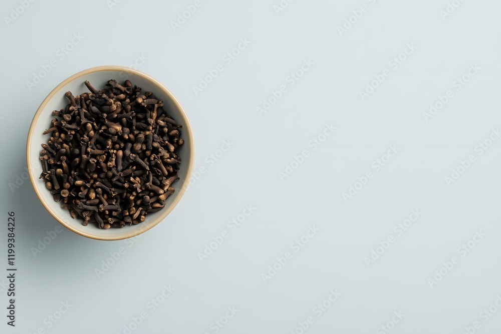 Flat lay of cloves in a bowl on white surface Flat lay of cloves in a bowl on white surface