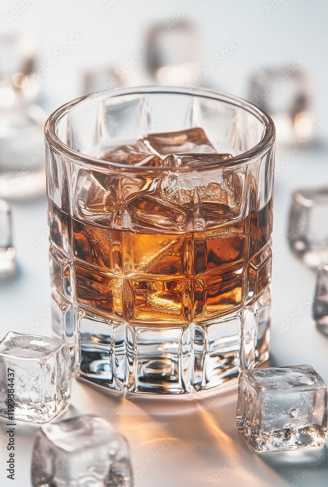 Elegant Glass with Whiskey and Ice Cubes on a Light Background, Perfect for Beverage, Alcohol, and Cocktail Illustrations in Modern Design Projects Elegant Glass with Whiskey and Ice Cubes on a Light Background, Perfect for Beverage, Alcohol, and Cocktail Illustrations in Modern Design Projects