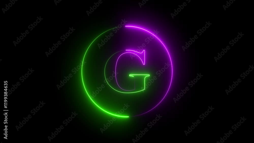 neon light glowing G icon. neon circle symbol glowing neon light 4k animation on black background. neon light glowing G icon. neon circle symbol glowing neon light 4k animation on black background.