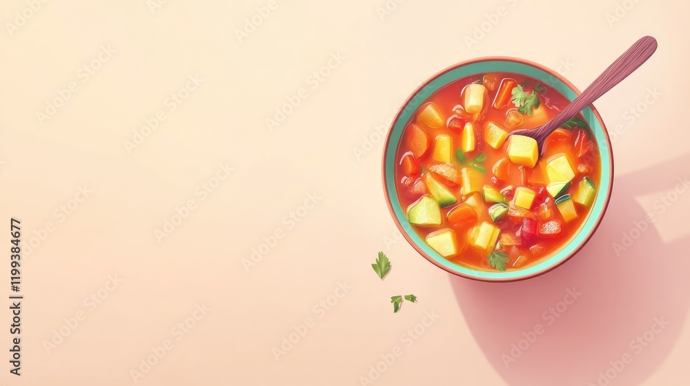 Colorful vegetable soup in a turquoise bowl on a light peach background with a wooden stirring spoon and fresh herbs for cooking concept. Colorful vegetable soup in a turquoise bowl on a light peach background with a wooden stirring spoon and fresh herbs for cooking concept.