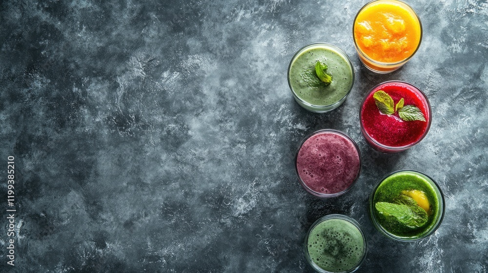 Vibrant Smoothies in Clear Glasses Displayed on Dark Textured Surface with Fresh Mint Leaves and Empty Copy Space for Creative Text Integration Vibrant Smoothies in Clear Glasses Displayed on Dark Textured Surface with Fresh Mint Leaves and Empty Copy Space for Creative Text Integration