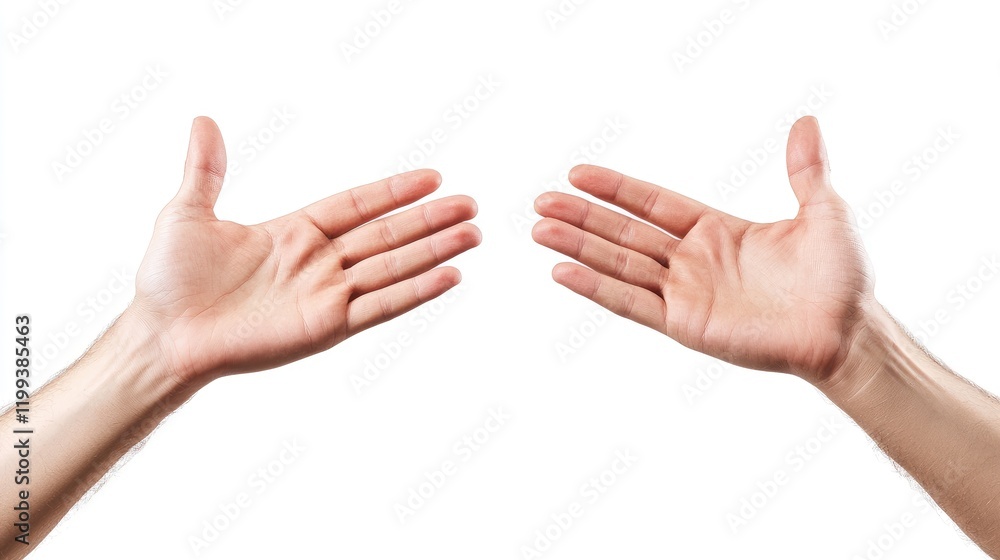 Strong male hands gesturing with open palms on a clean white background creating empty space for text and promotional content. Strong male hands gesturing with open palms on a clean white background creating empty space for text and promotional content.