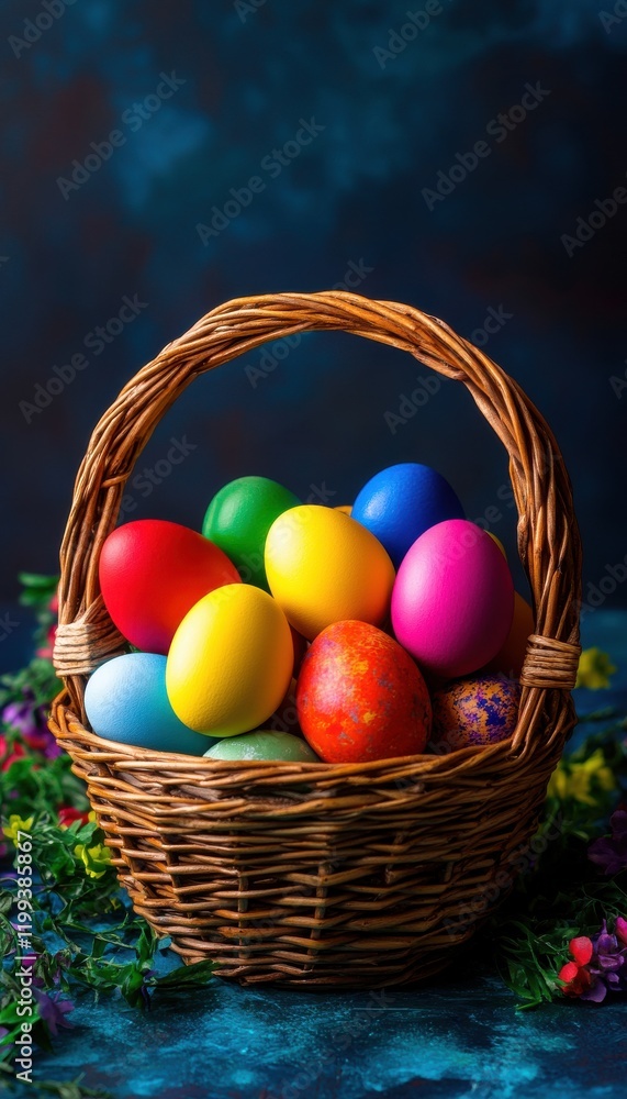 Colorful Easter eggs in a wicker basket, surrounded by spring flowers. A festive spring scene. Colorful Easter eggs in a wicker basket, surrounded by spring flowers. A festive spring scene.