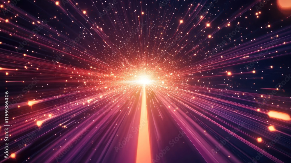 Naklejka premium Bright burst of light with dynamic rays in a starry background, emphasizing movement and energy in a dark environment.