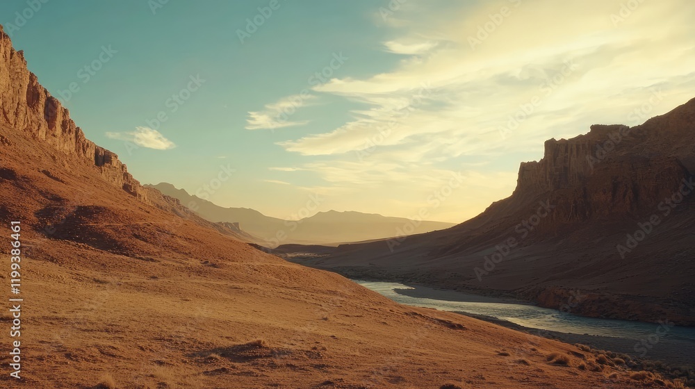 Desert landscape at sunset featuring red rock formations and a river, with ample empty space for text. Desert landscape at sunset featuring red rock formations and a river, with ample empty space for text.