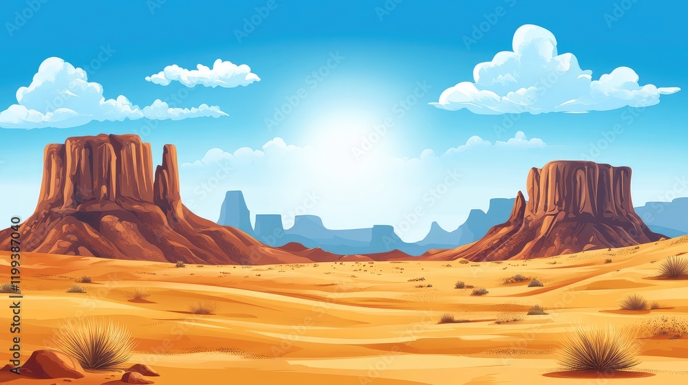 Fototapeta premium Desert Landscape with Golden Sand Dunes and Red Cliffs under Bright Blue Sky with White Clouds and Empty Copy Space for Text