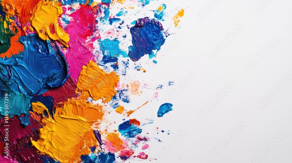 Fototapeta premium Vibrant mosaic of colorful paint splashes in shades of blue, pink, orange, and purple against a white background with ample empty space for text.