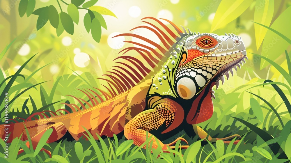 Fototapeta premium Iguana Portrait on Grass in Vector Cartoon Style