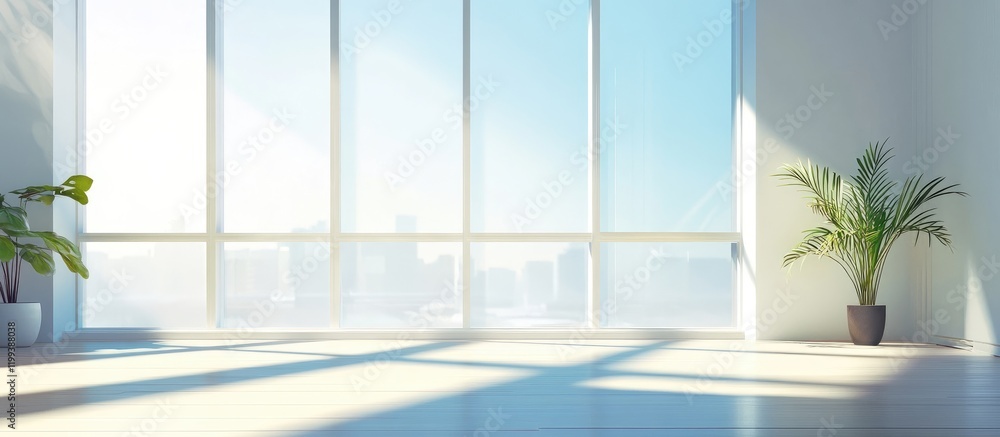 Fototapeta premium Spacious contemporary home interior with large bright windows and potted green plants casting soft shadows in a serene urban setting