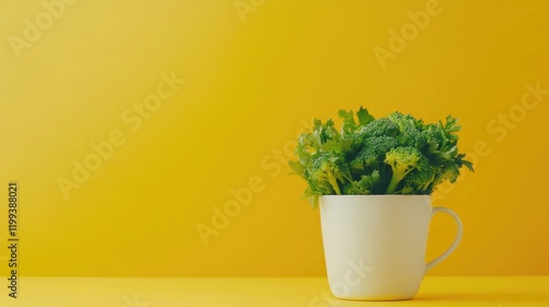 White cup filled with fresh broccoli and leafy greens against a vibrant yellow background with ample negative space for food concept branding photo