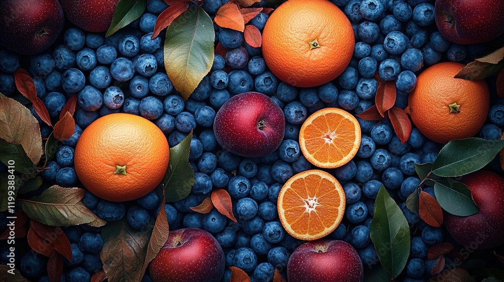 A pile of blueberries, oranges, and apples with leaves scattered around them. A pile of blueberries, oranges, and apples with leaves scattered around them.